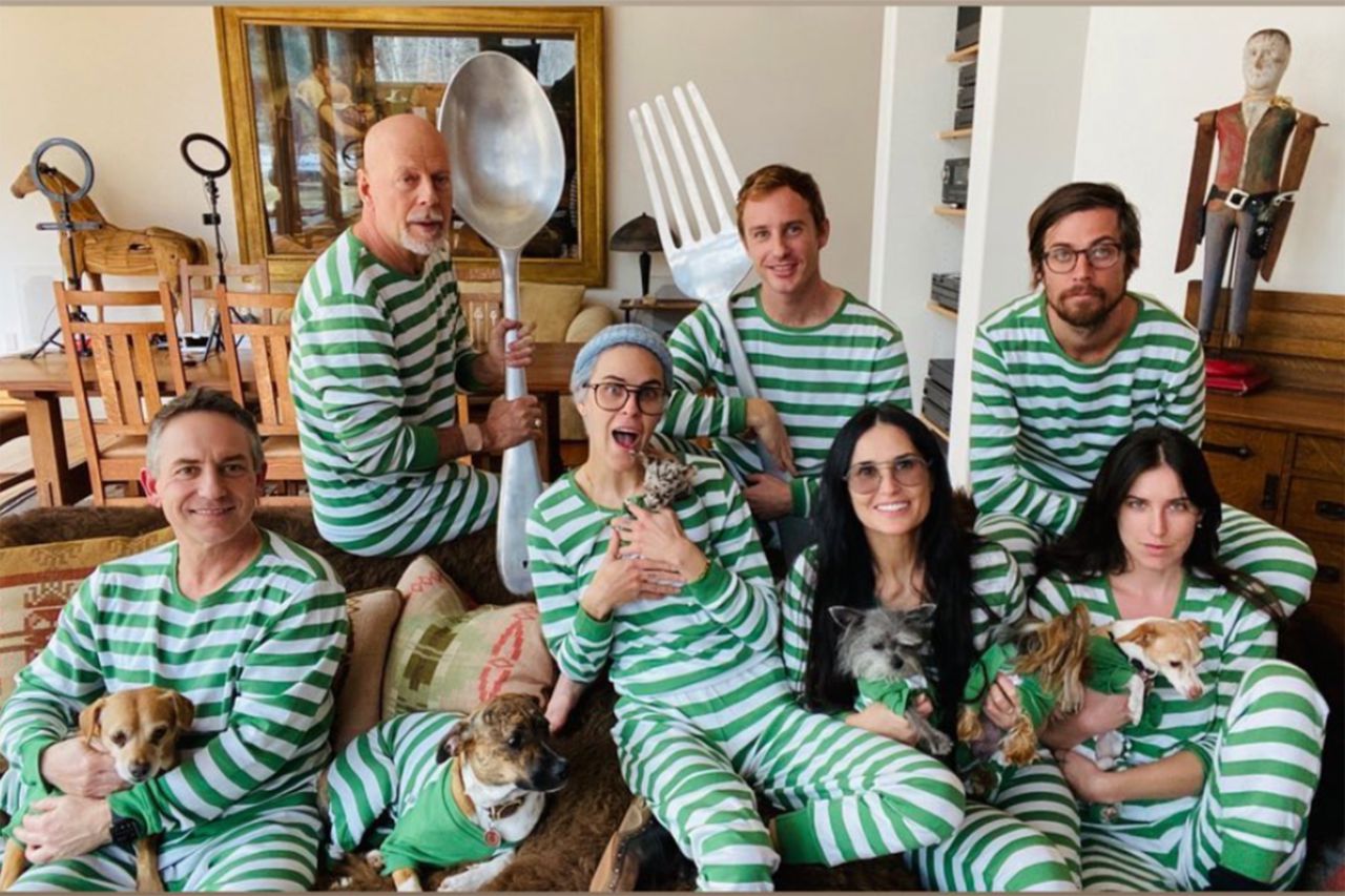 Exes Demi Moore and Bruce Willis quarantine with kids in matching pajamas