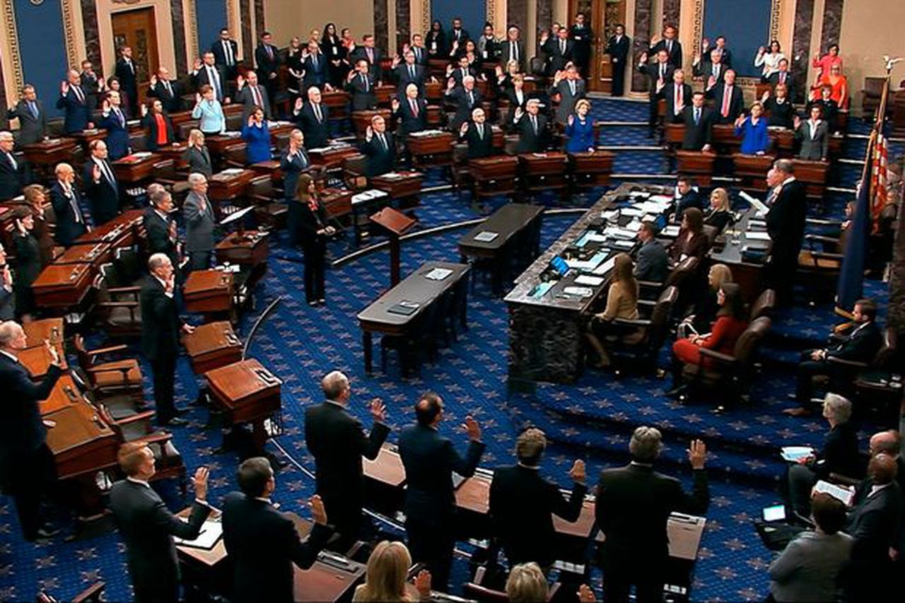 100 senators have been sworn in as jurors, image via AP
