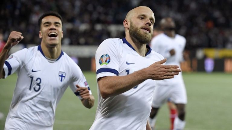For the first time ever, Finland beat Lichtenstein 3-0 to secure a place in Euro 2020. Image via SkySports.