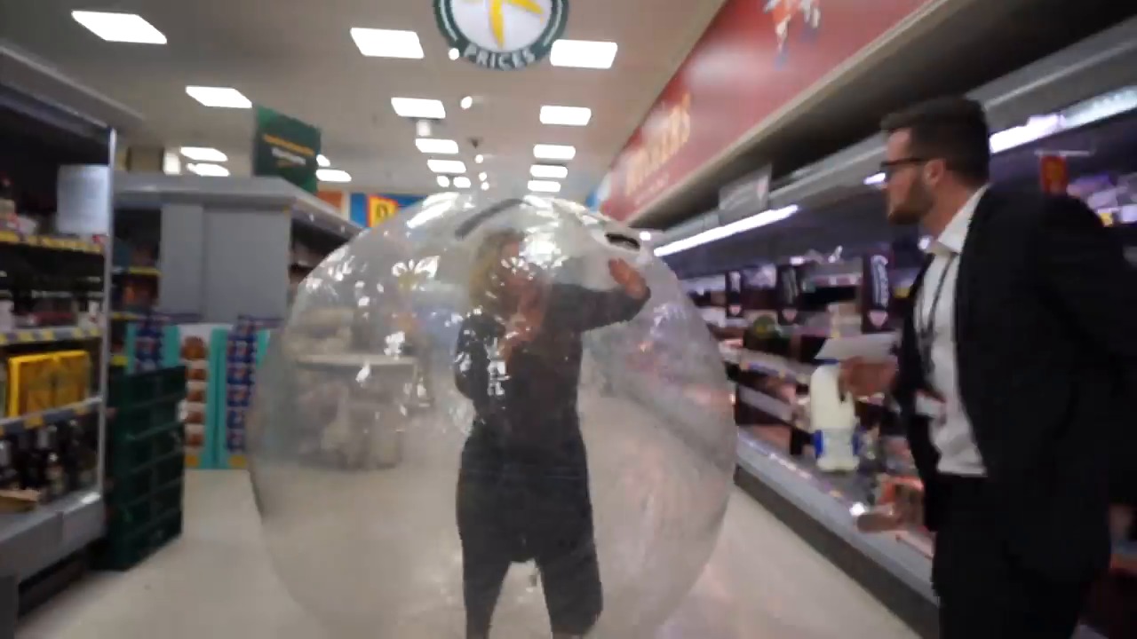 UK woman's Zorb ball supermarket prank goes viral on social media. Image via Ladbible.